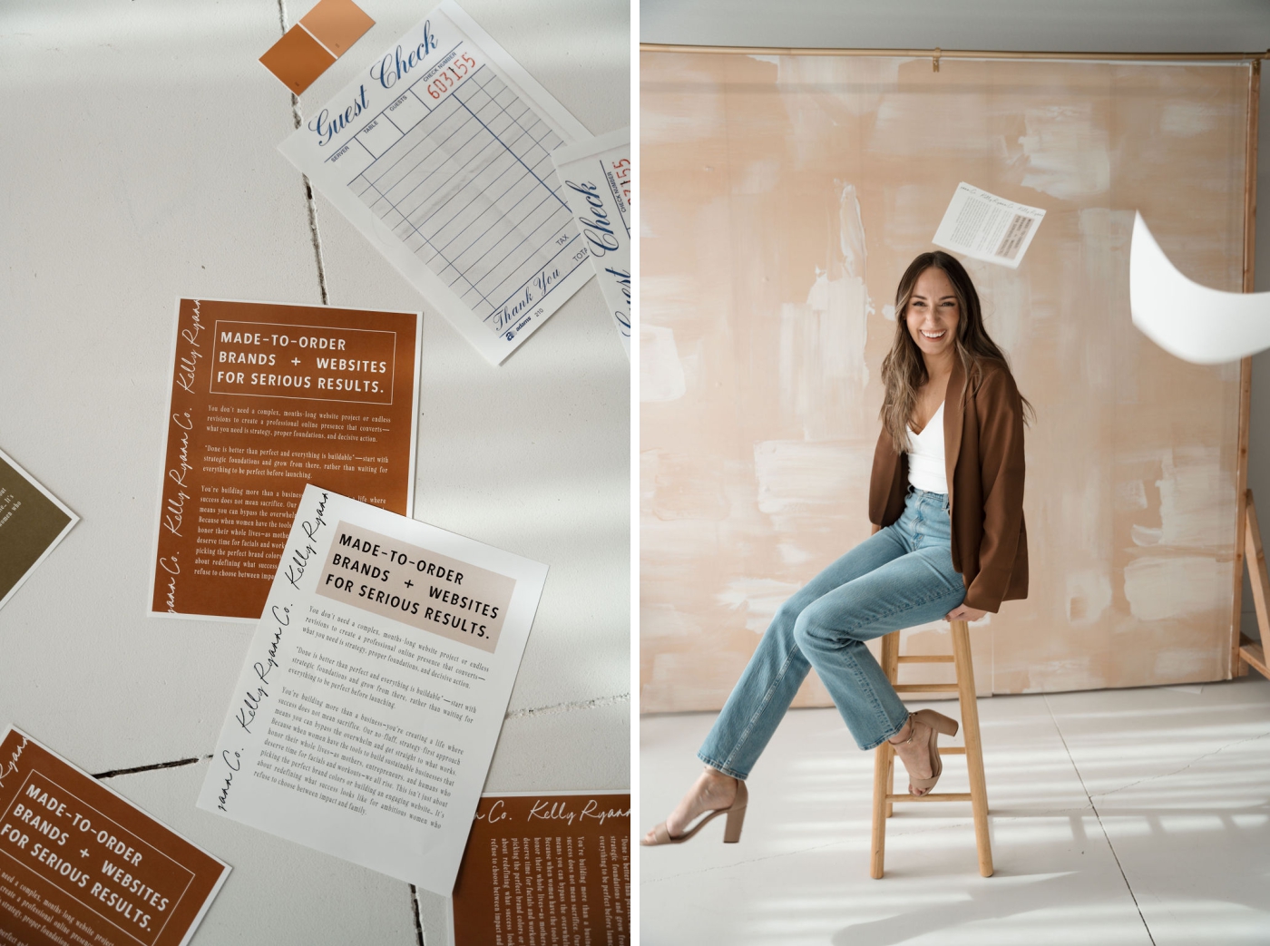 A Showit website designer sitting on a stool while papers fly around her