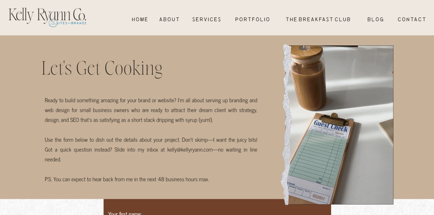 A contact form for Kelly Ryann Co. 