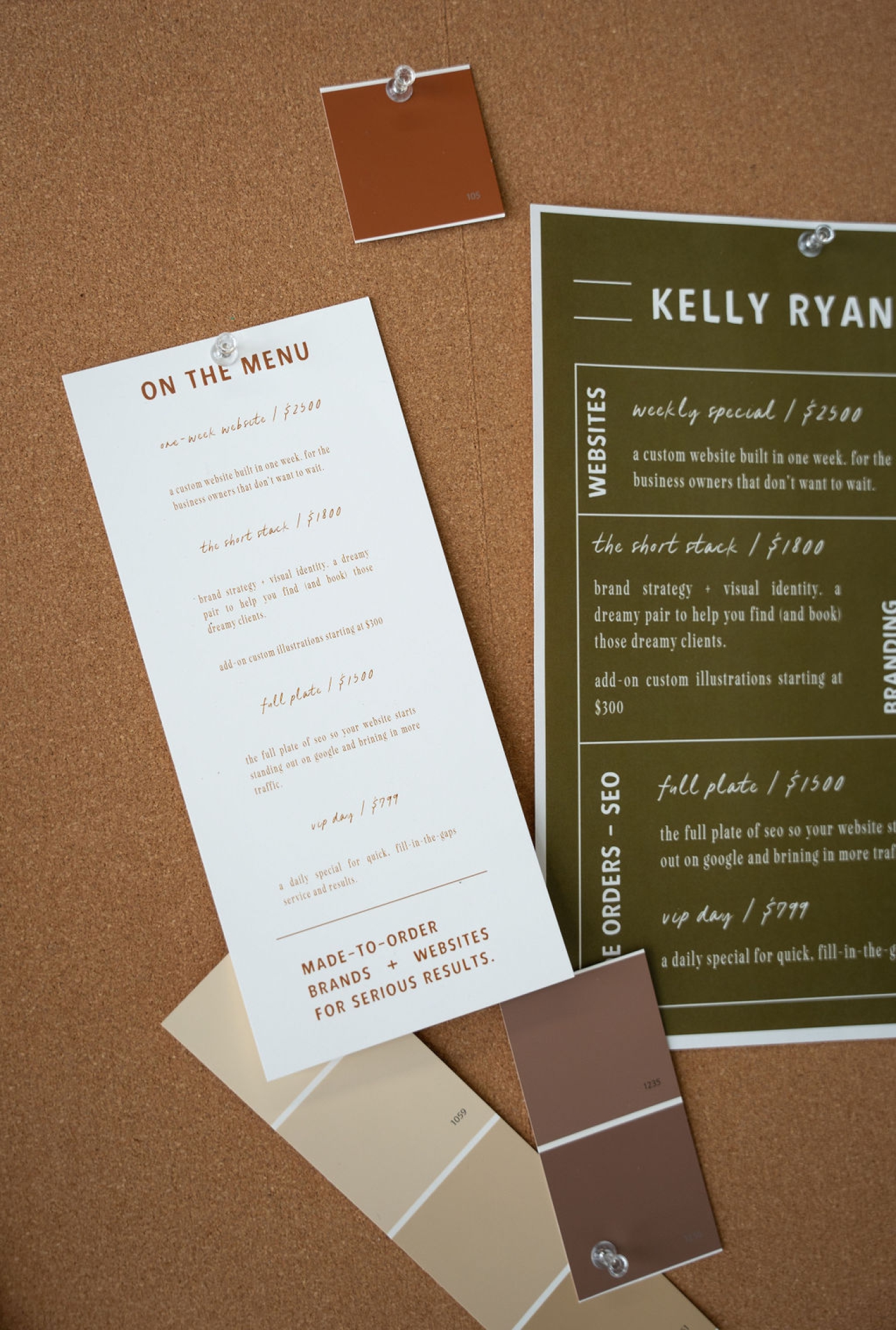 A corkboard covered with color samples