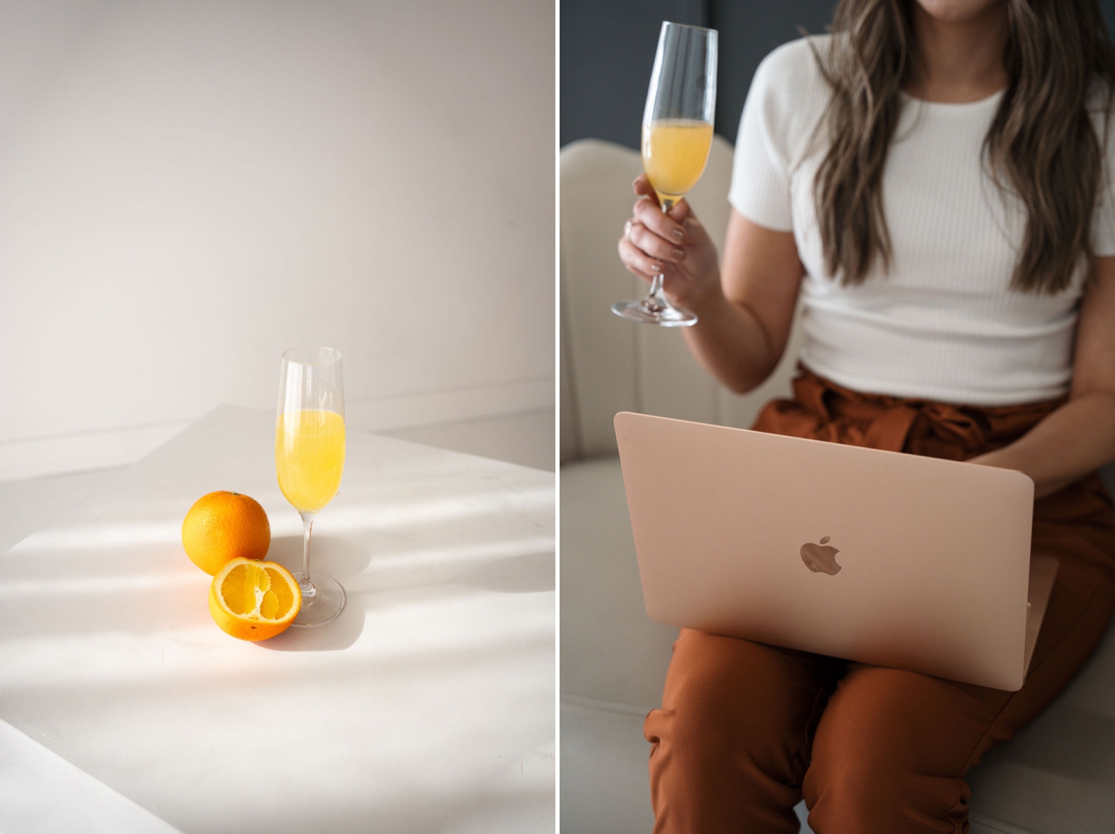 A brand and web designer holds a champagne glass and a laptop