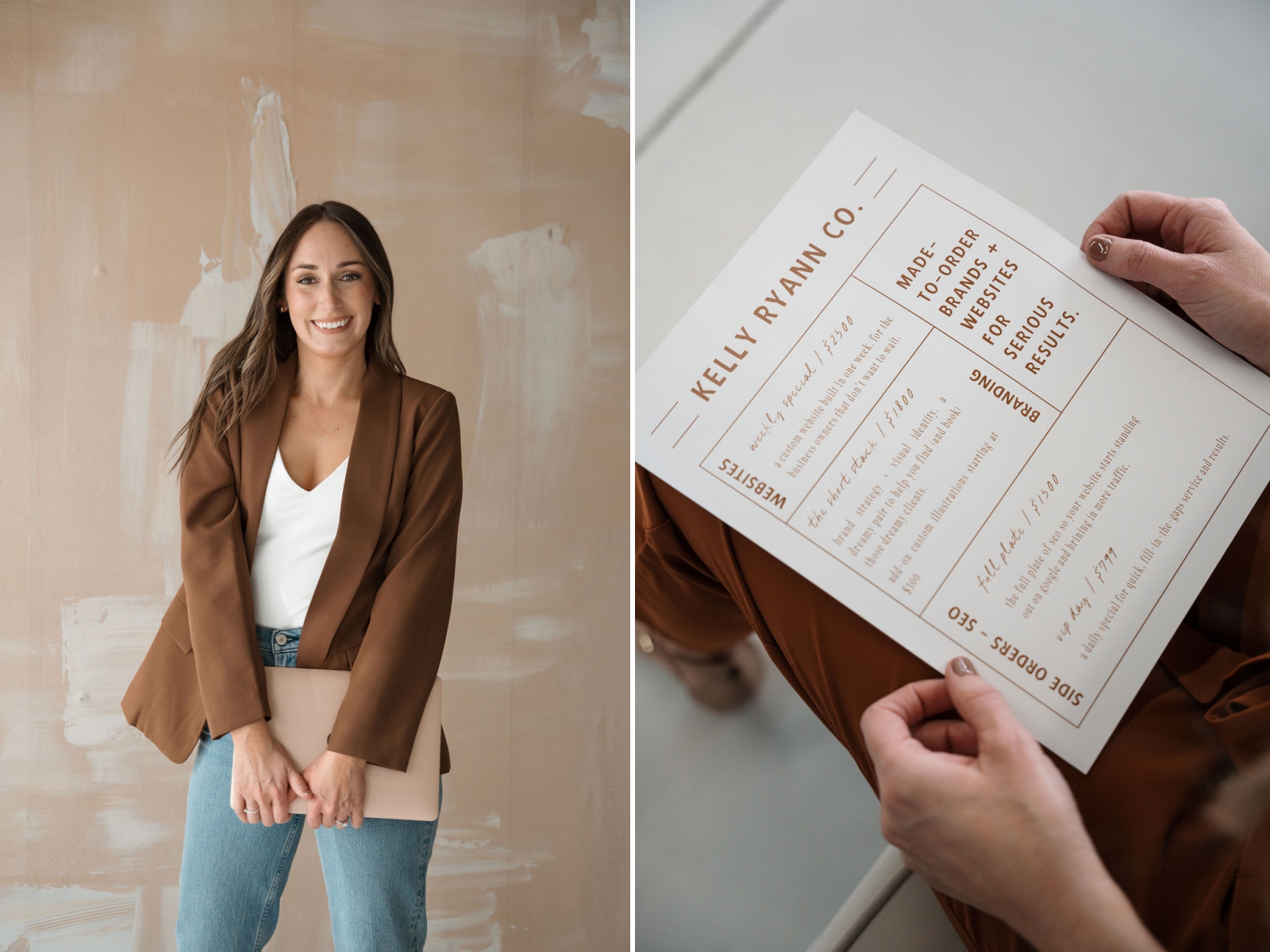 A brand designer in a rust-colored blazer holds a rose gold mac laptop