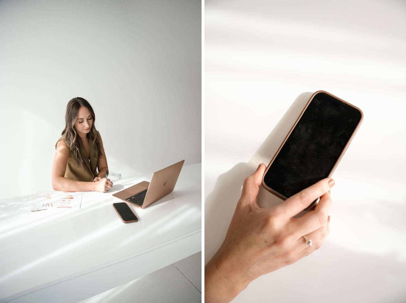 A web designer sits at a white desk using AI search on her laptop