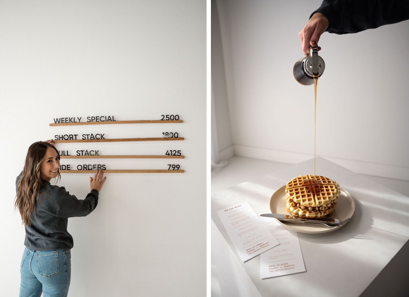 A woman in a grey sweatshirt and jeans pours syrup on a stack of three waffles