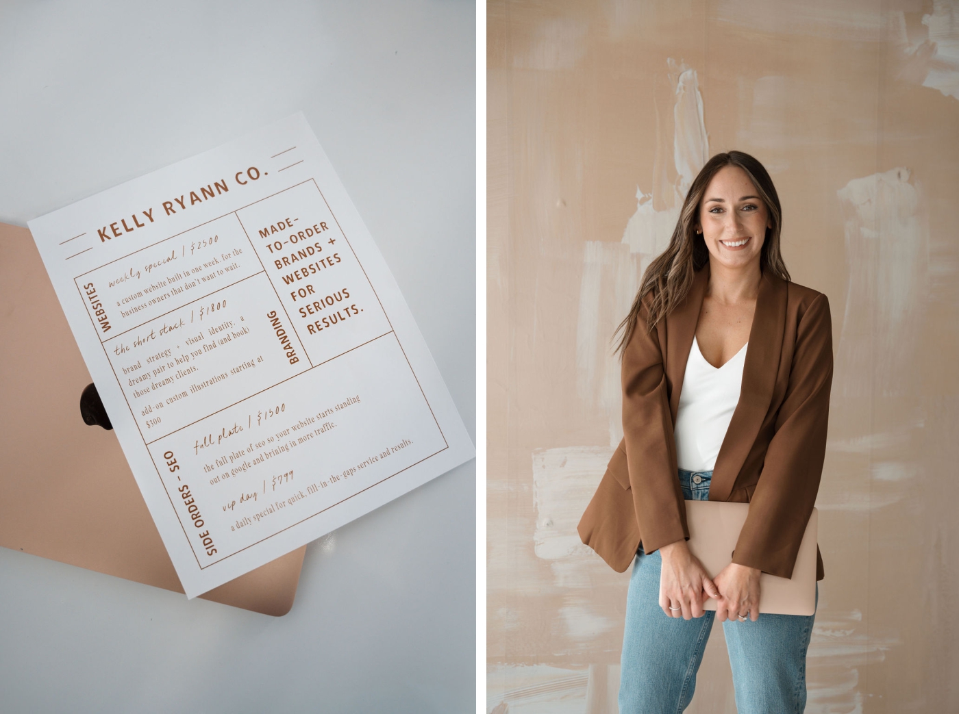 A brand and web designer holding a closed laptop