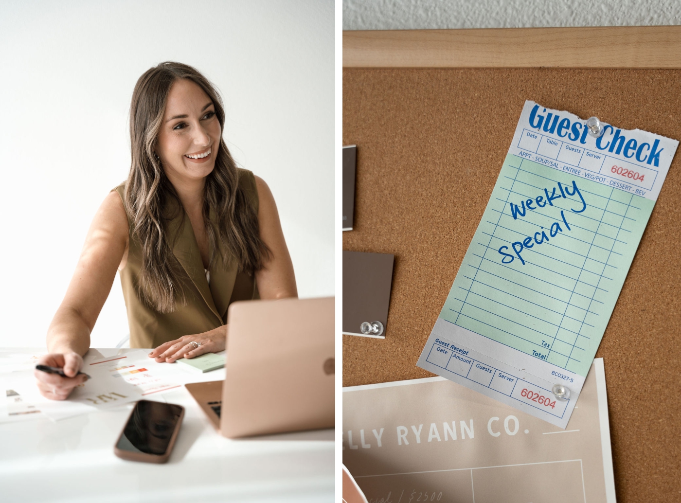A woman sits at a white desk with a laptop open 