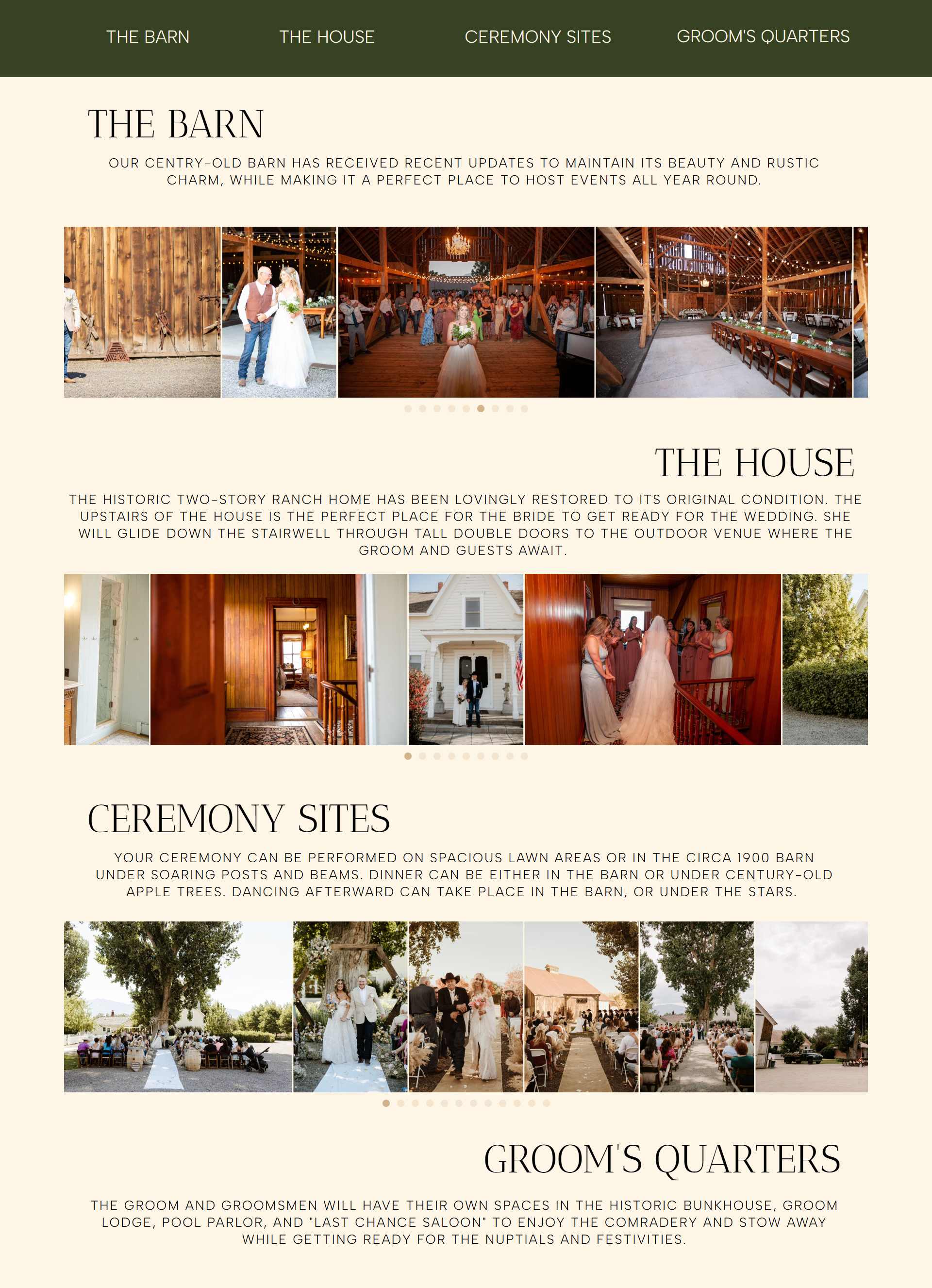 A screenshot of a wedding venue website showing photos of the ceremony sites around the venue